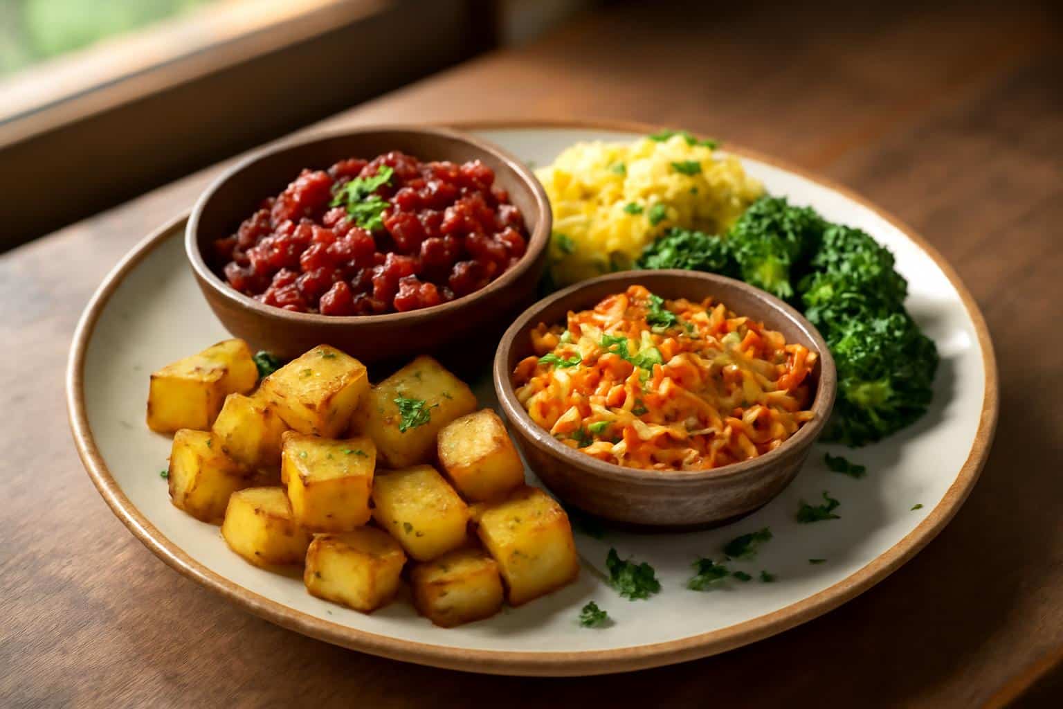 Plate of cost effective meals including colorful and budget-friendly dishes with garnish