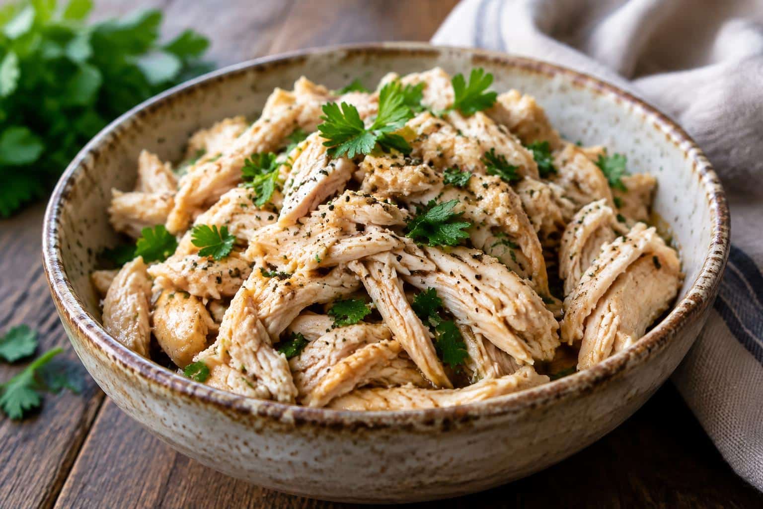 shredded chicken crock pot served in a rustic bowl garnished with parsley