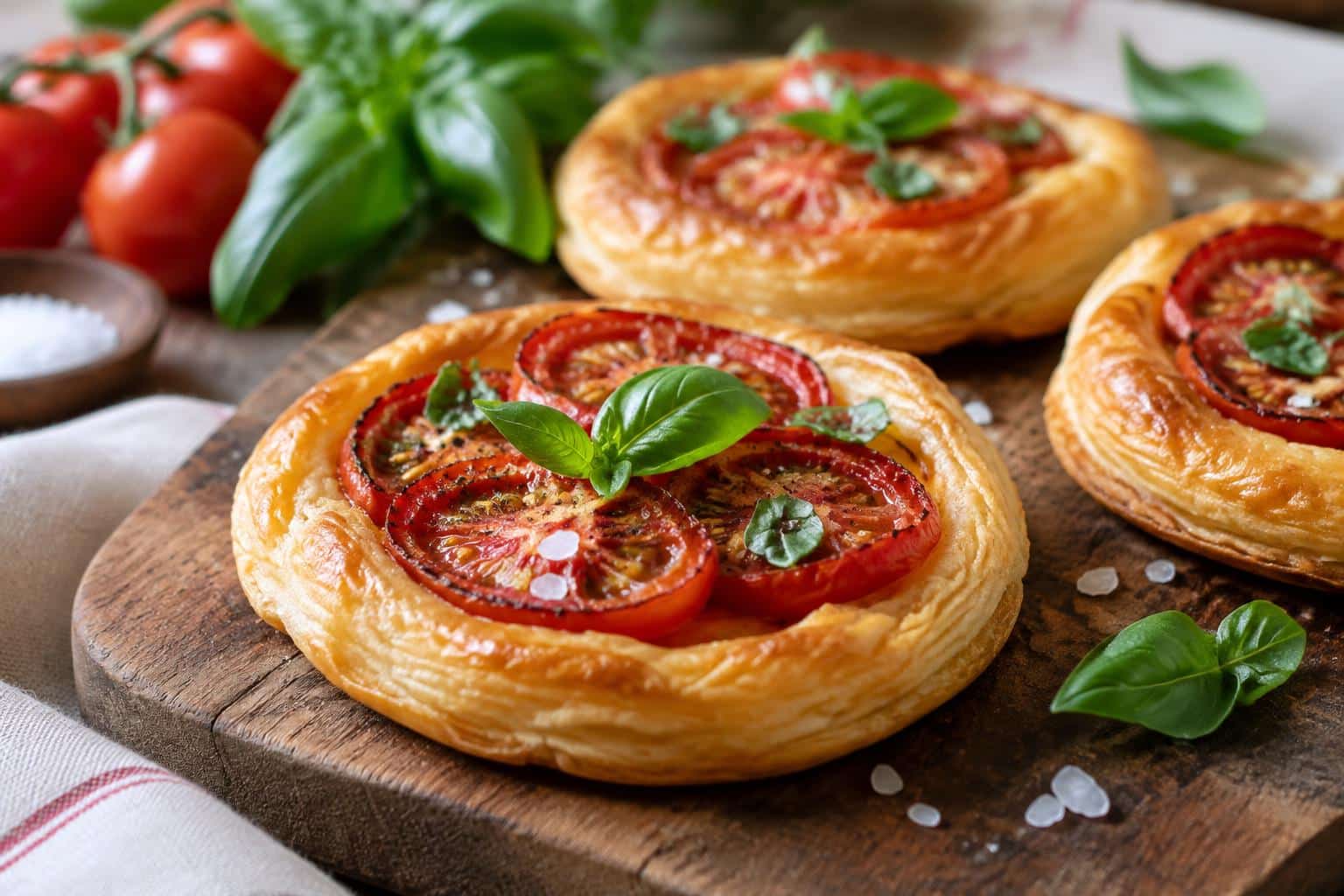 Golden baked tomato tartlets with flaky puff pastry and fresh basil garnish