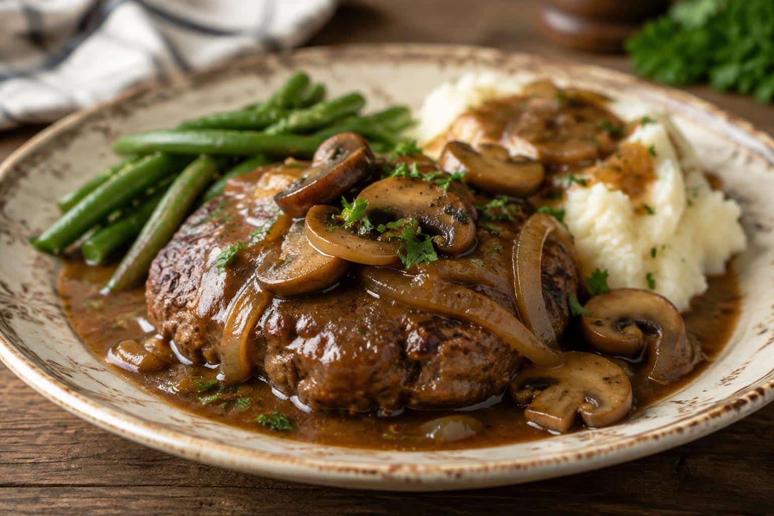 Salisbury steak recipe with brown gravy and mushroom garnish on rustic plate