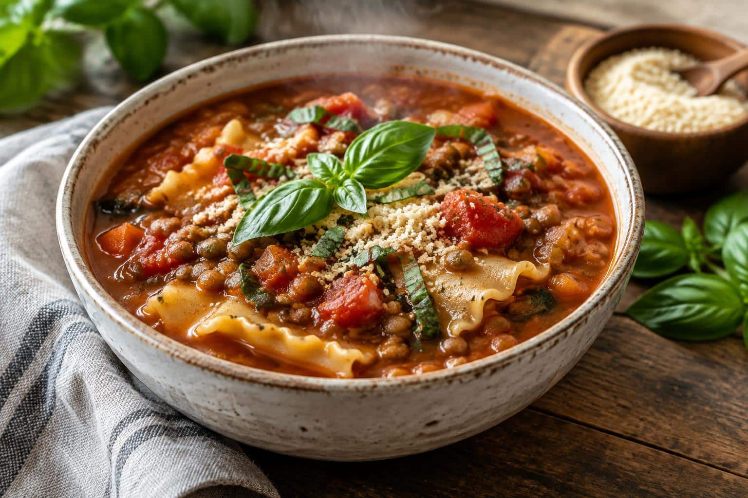Vegan lentil lasagna soup in a bowl garnished with fresh basil and vegan Parmesan cheese