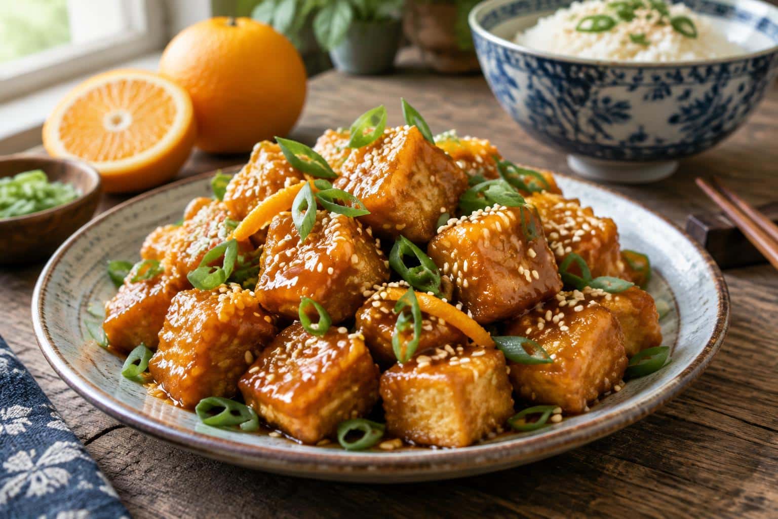Vegan orange chicken with crispy tofu in glossy orange sauce garnished with green onions and sesame seeds