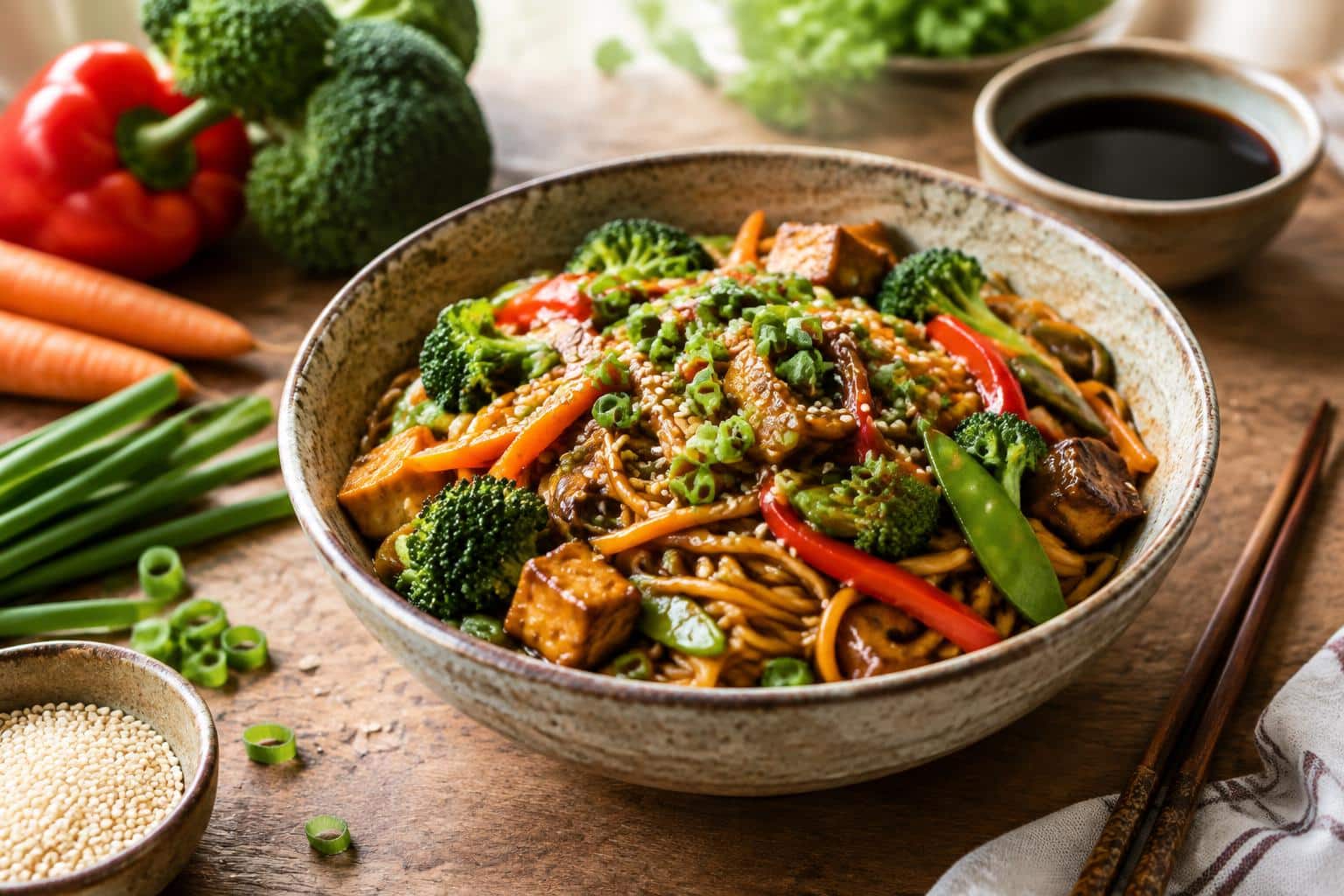 Vegan teriyaki noodle bowl garnished with sesame seeds and green onions