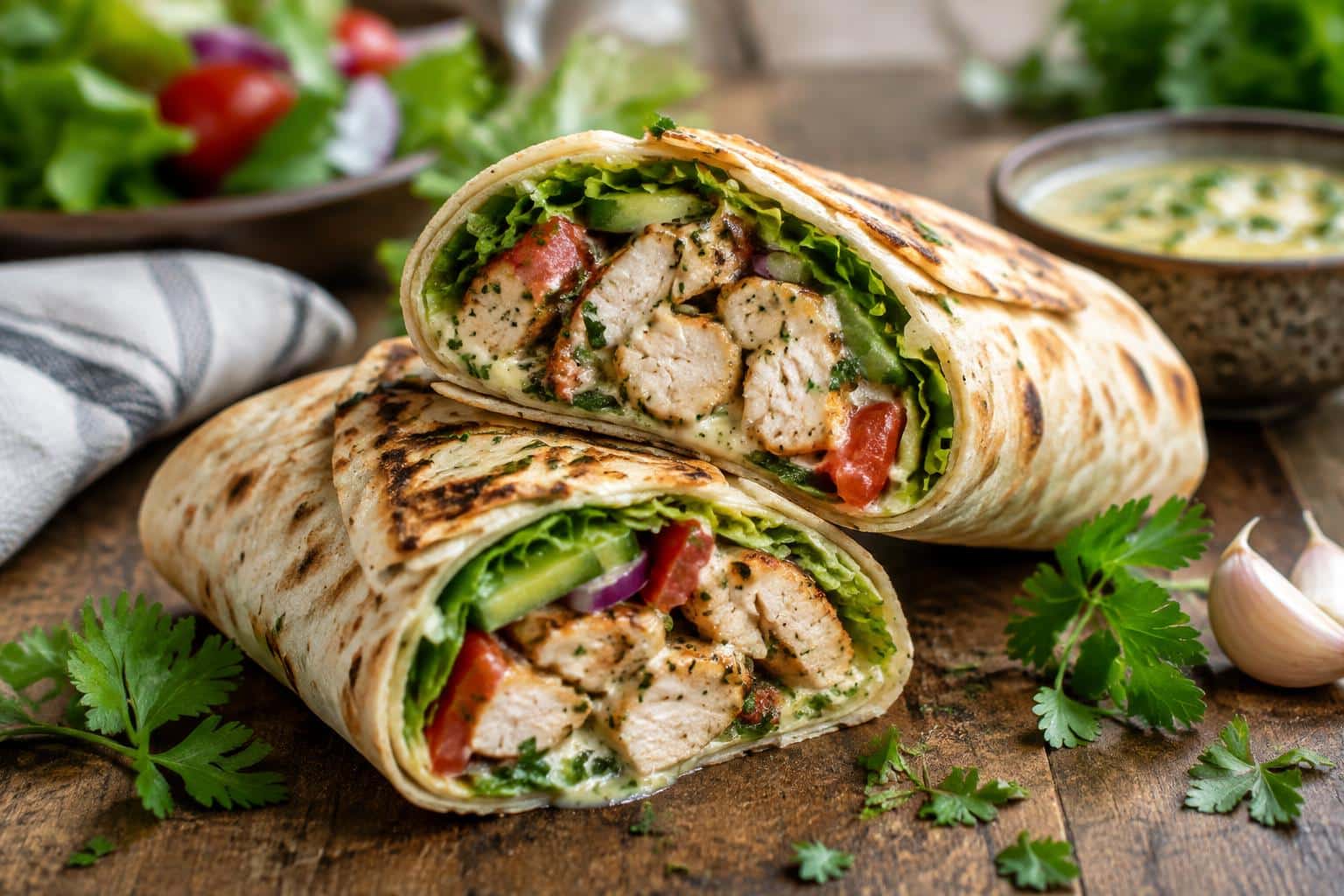 Close-up of garlic butter chicken wraps with juicy chicken and fresh vegetables in a warm tortilla