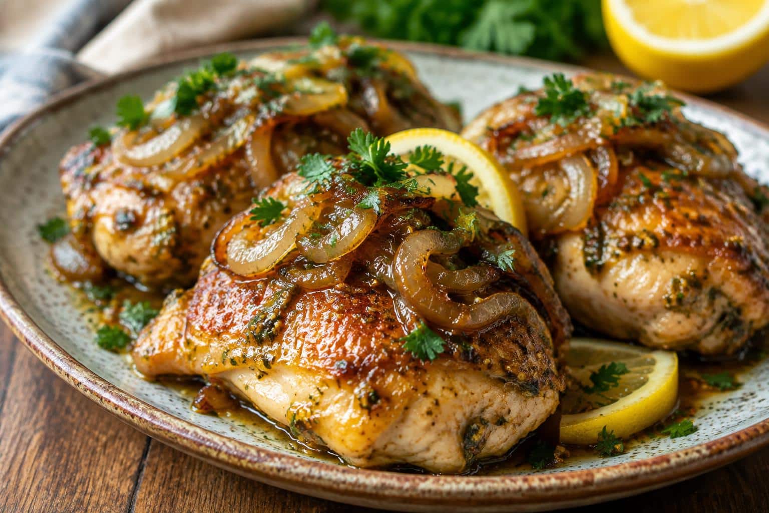 lemon dijon chicken thighs topped with sweet caramelized onions on rustic plate