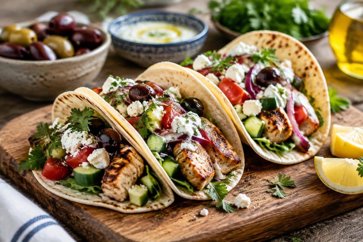 Mediterranean chicken tacos with grilled chicken, fresh vegetables, and garnishes in soft natural light