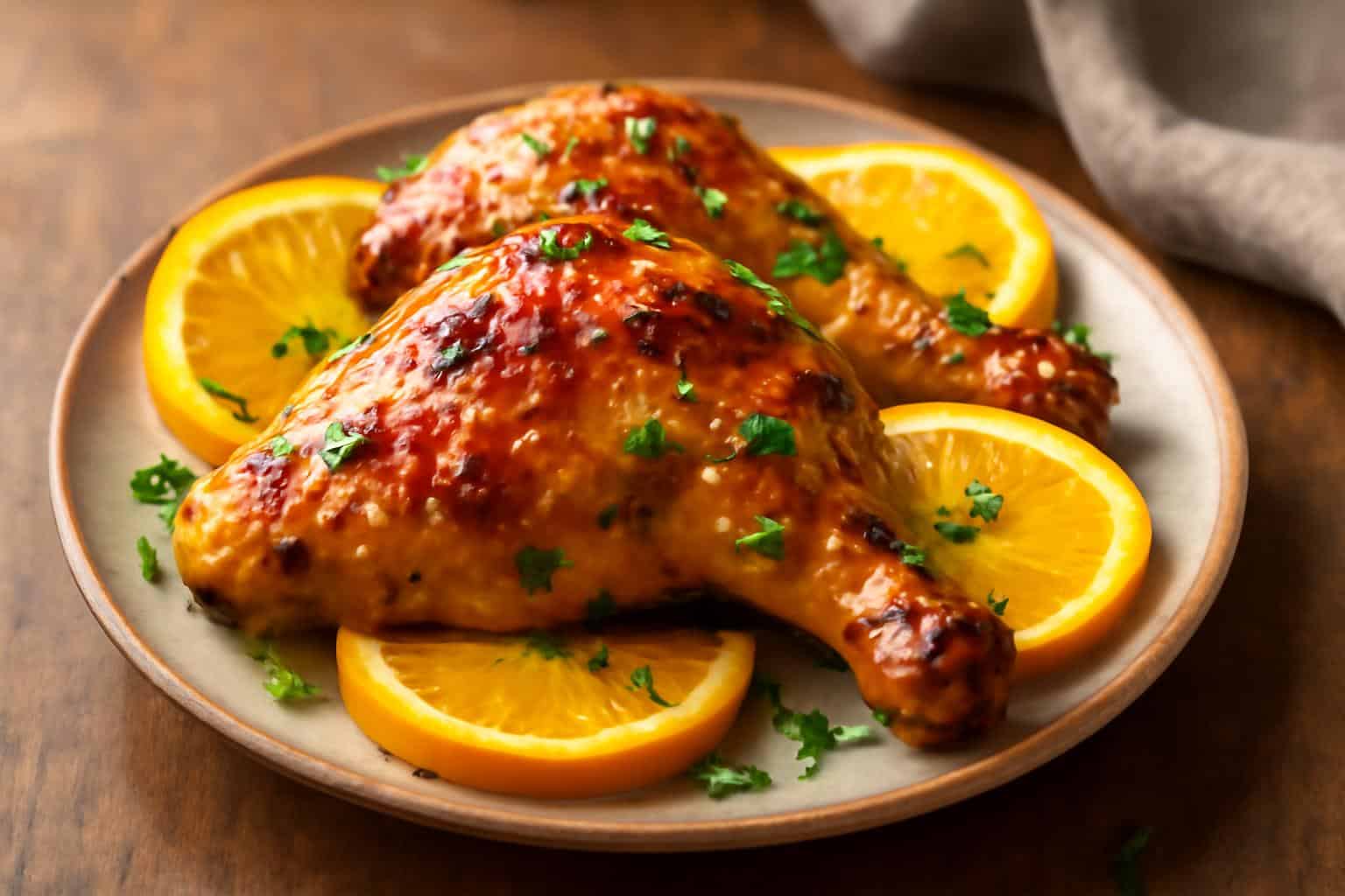 Zesty roasted orange chicken garnished with fresh orange slices and parsley on a rustic plate