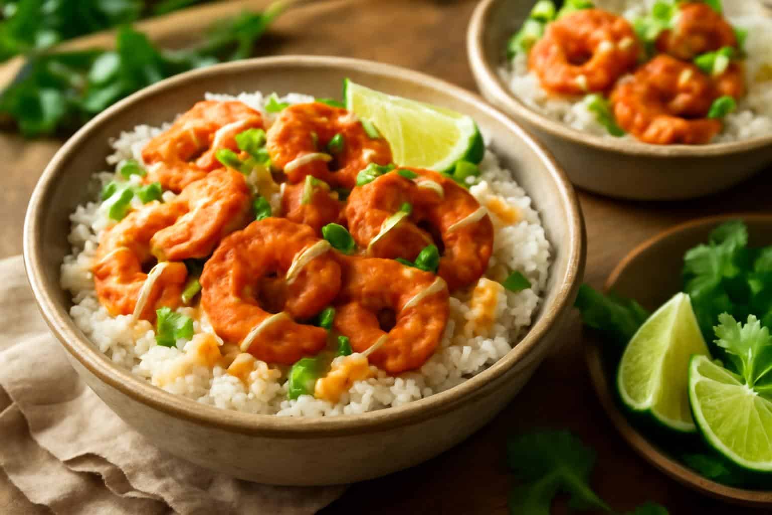 Zesty shrimp rice bowls topped with creamy spicy mayo and garnished with green onions and lime wedges