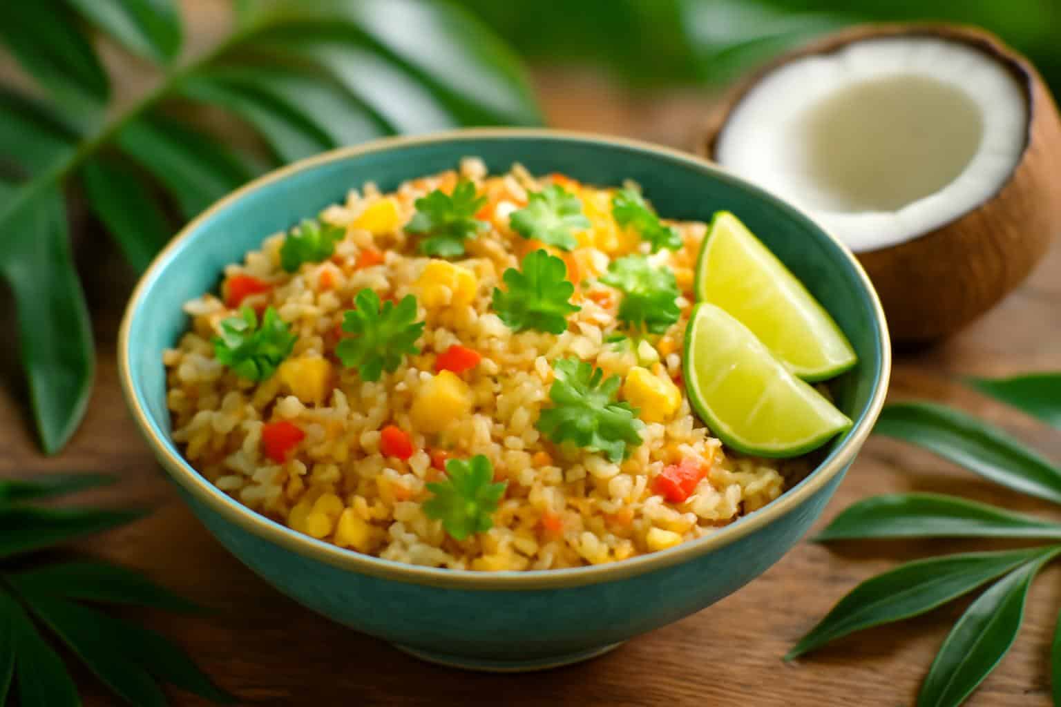 Bowl of tropical coconut pepper rice with cilantro garnish and lime wedges in natural light
