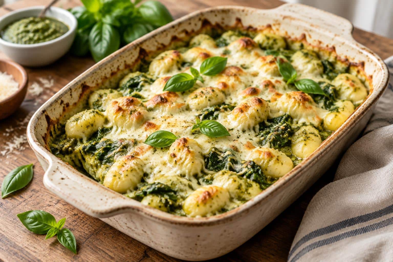 Creamy pesto gnocchi bake with spinach in a rustic baking dish, golden cheese and fresh basil garnish