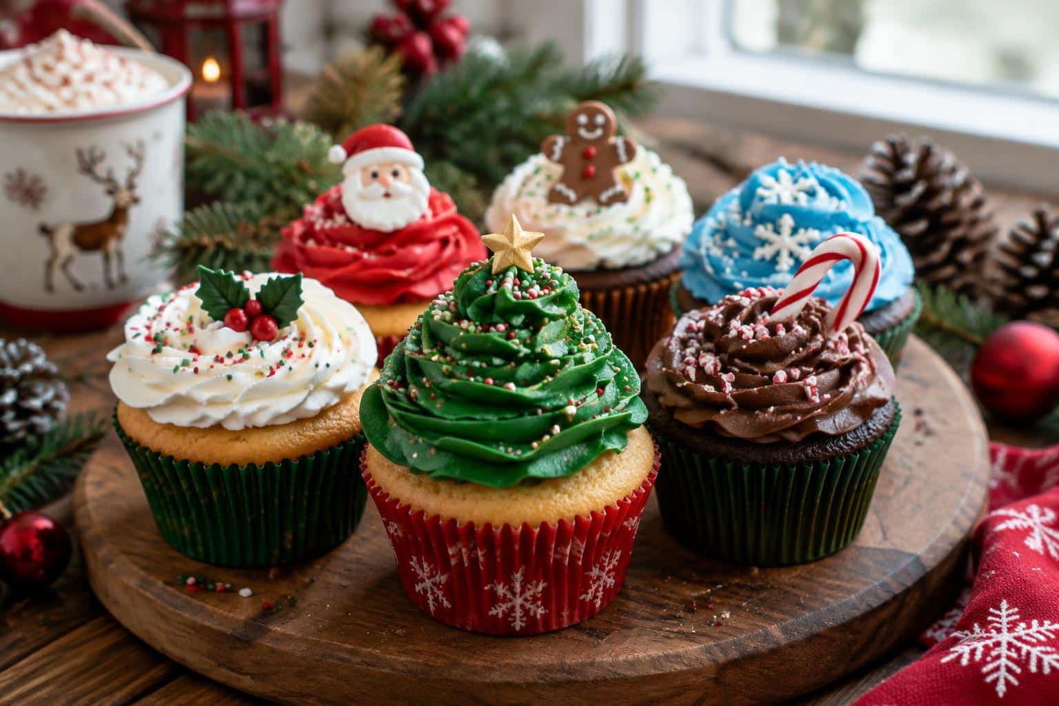 assorted Christmas cupcakes with colorful frosting and festive decorations, showcasing creative christmas cupcakes