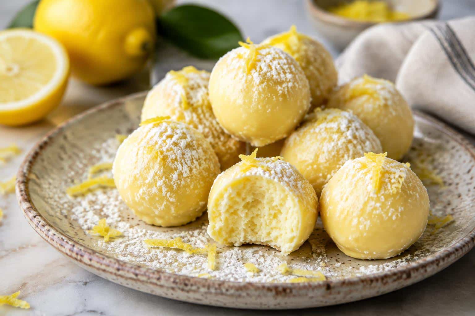 No bake lemon truffles on a plate with powdered sugar and lemon zest, showcasing creamy texture