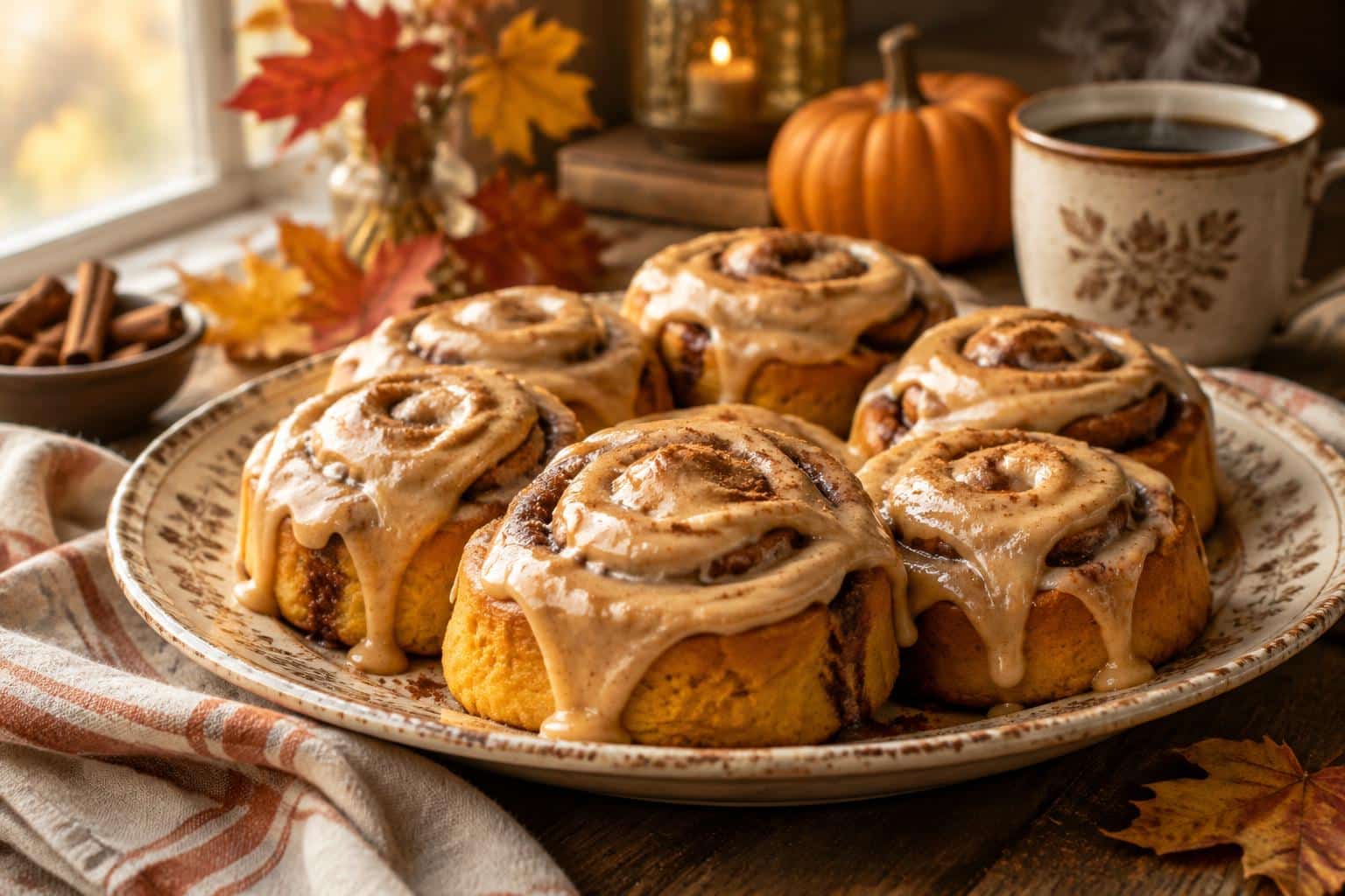 Fresh pumpkin cinnamon rolls with coffee maple frosting on rustic plate