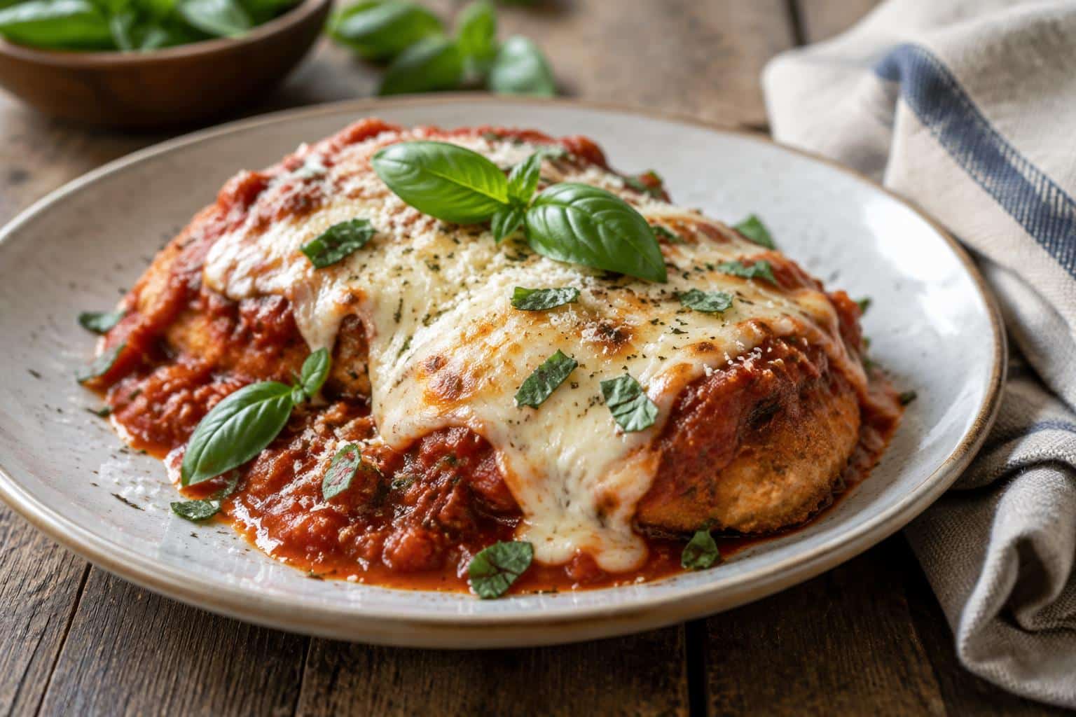 Slow cooker chicken parmesan with melted cheese and fresh basil garnish on rustic plate