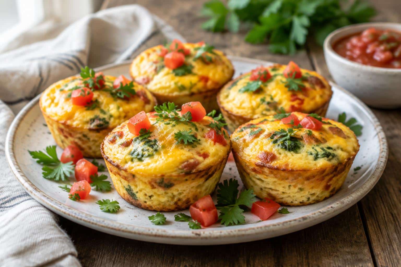 Golden baked egg muffin cups garnished with parsley and tomatoes, showcasing the egg muffin cups recipe