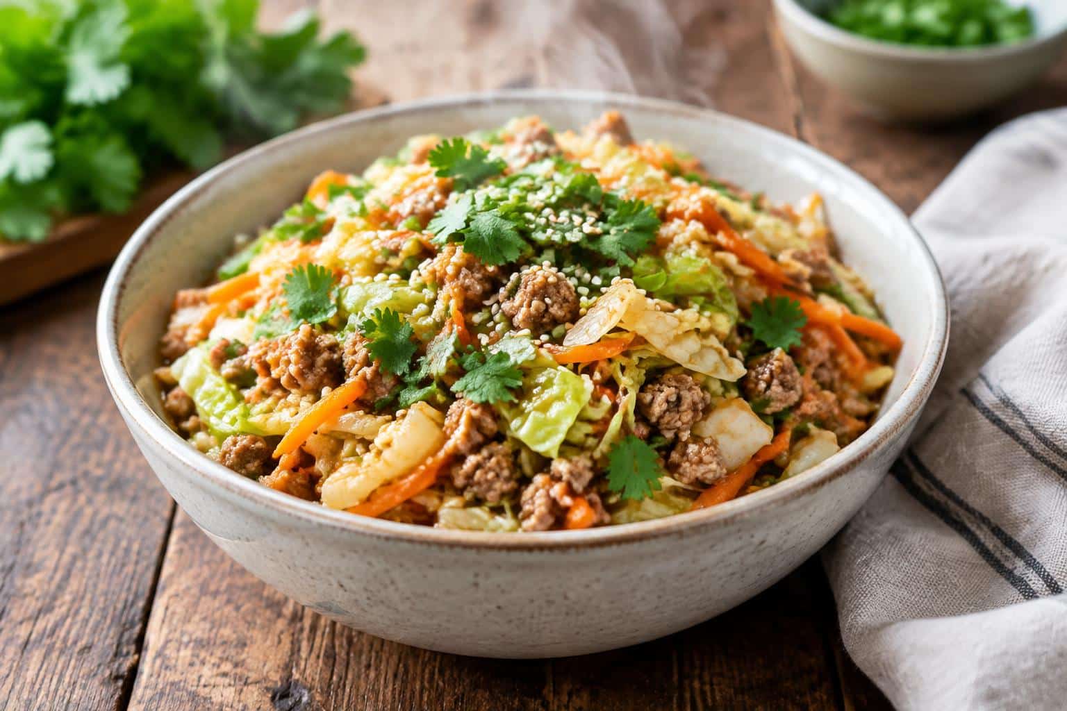 Healthy egg roll in a bowl with pork and veggies in a white bowl garnished with sesame seeds