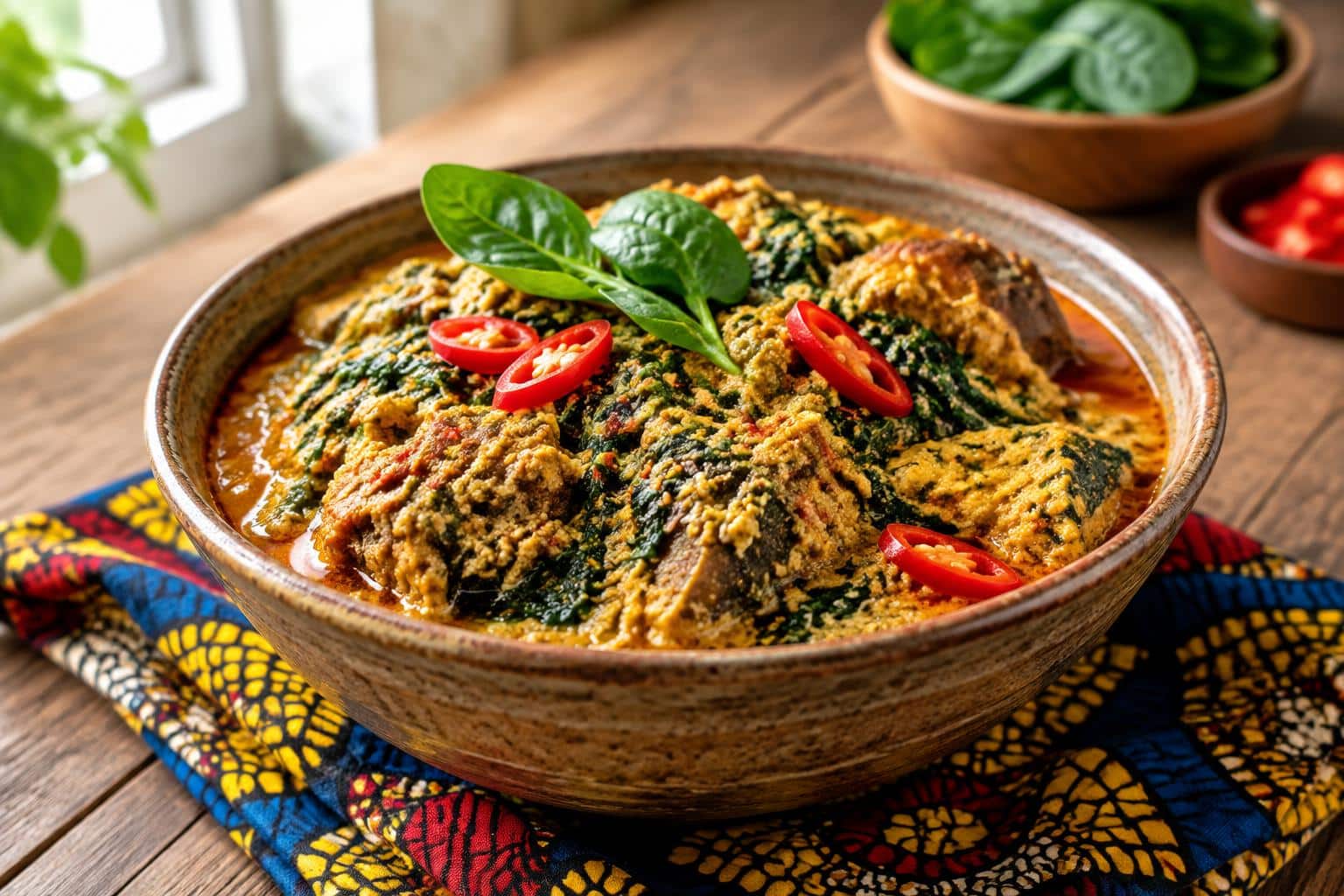 Bowl of egusi soup spinach garnished with red chili and fresh spinach leaves