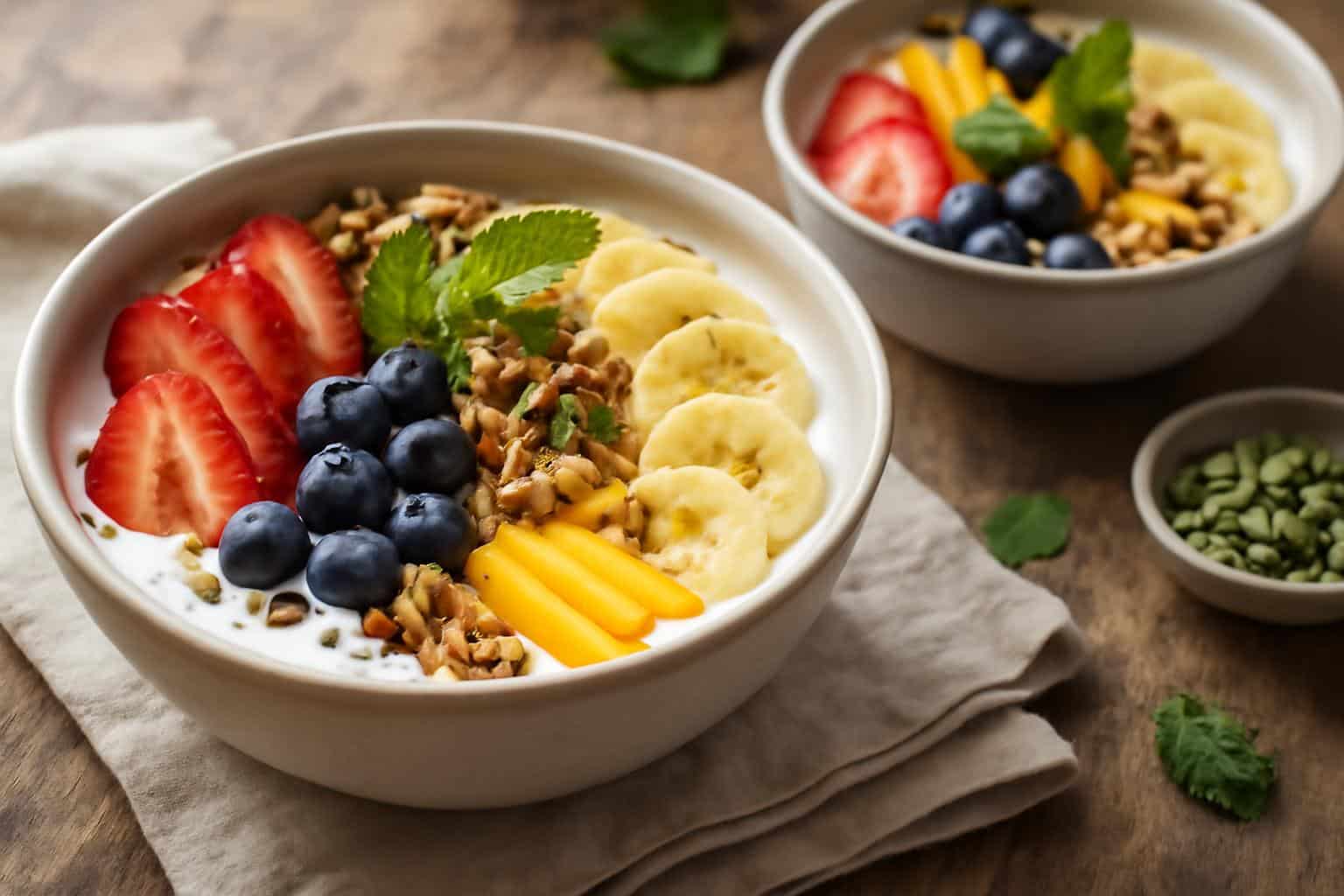 vibrant vegan breakfast recipes bowl with fresh fruit and seeds on rustic table