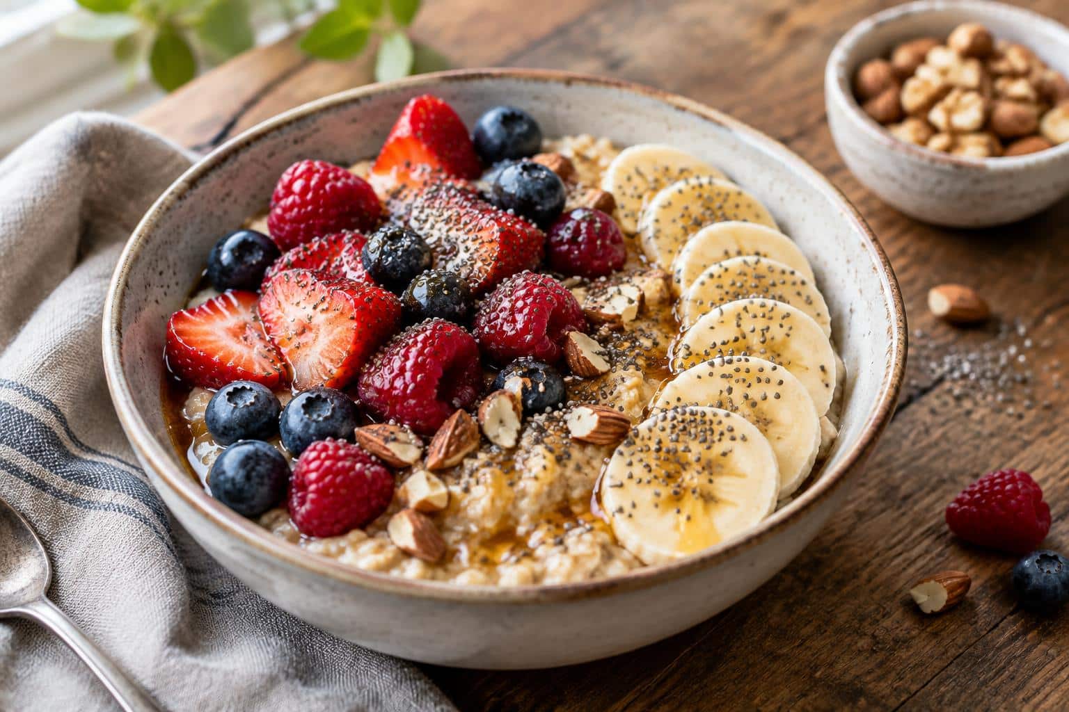 Energizing plant-based breakfast bowl with fresh berries and banana in natural light