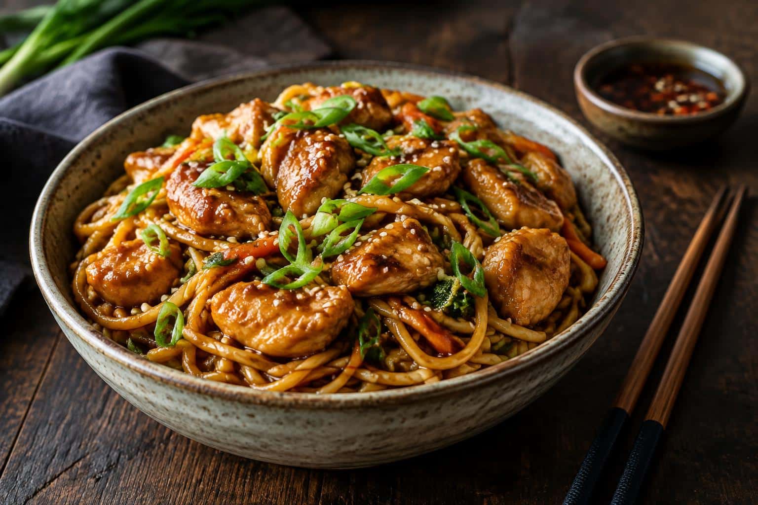 Extra saucy garlic chicken lo mein in a bowl garnished with green onions and sesame seeds