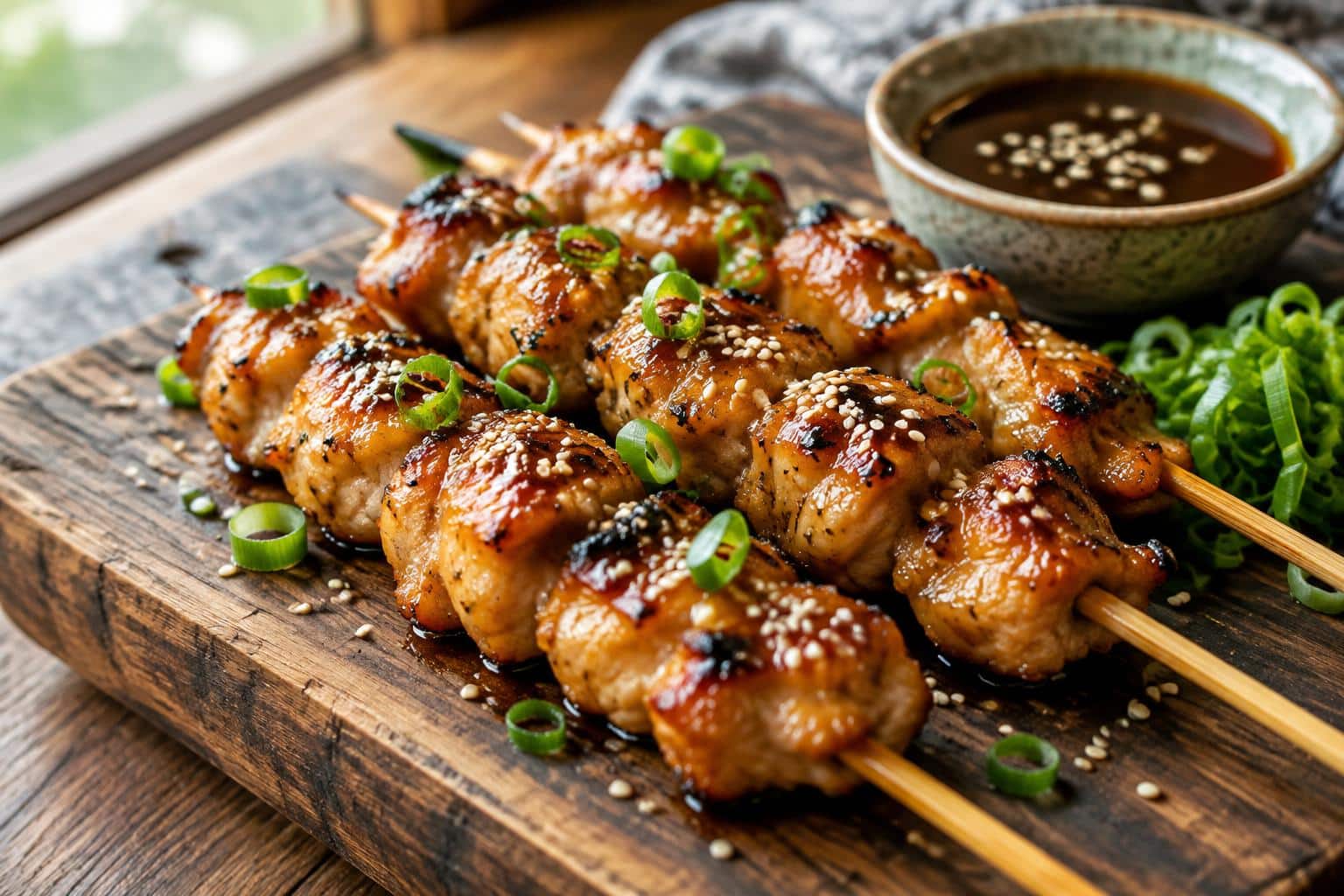 Glazed chicken yakitori skewers on rustic board with sesame seeds and scallions, chicken yakitori skewers