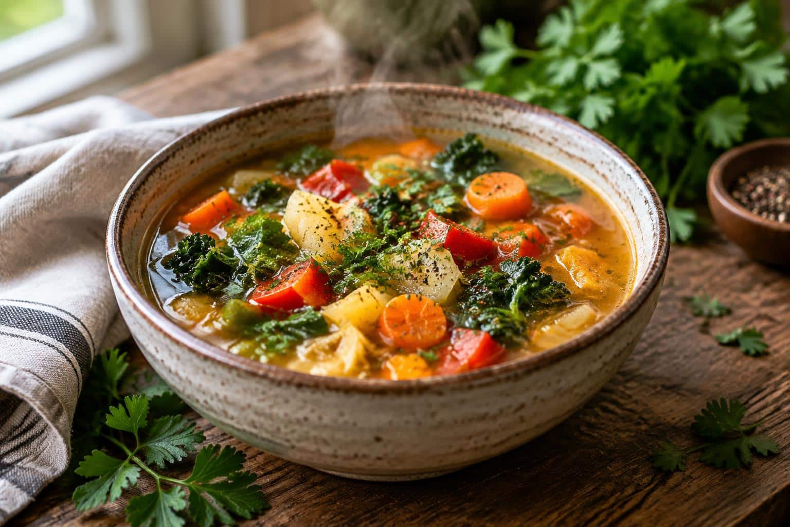 Steaming bowl of fat-burning soup with vegetables and fresh herbs in natural light