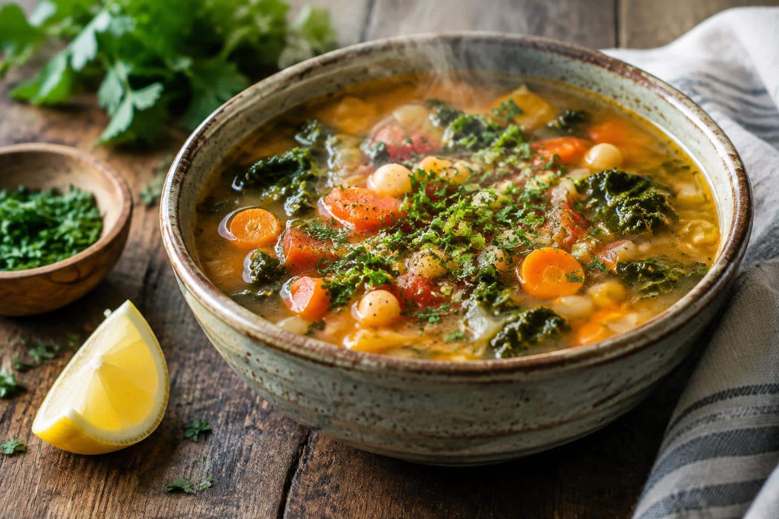Bowl of fat-burning winter soup garnished with fresh parsley and lemon wedge