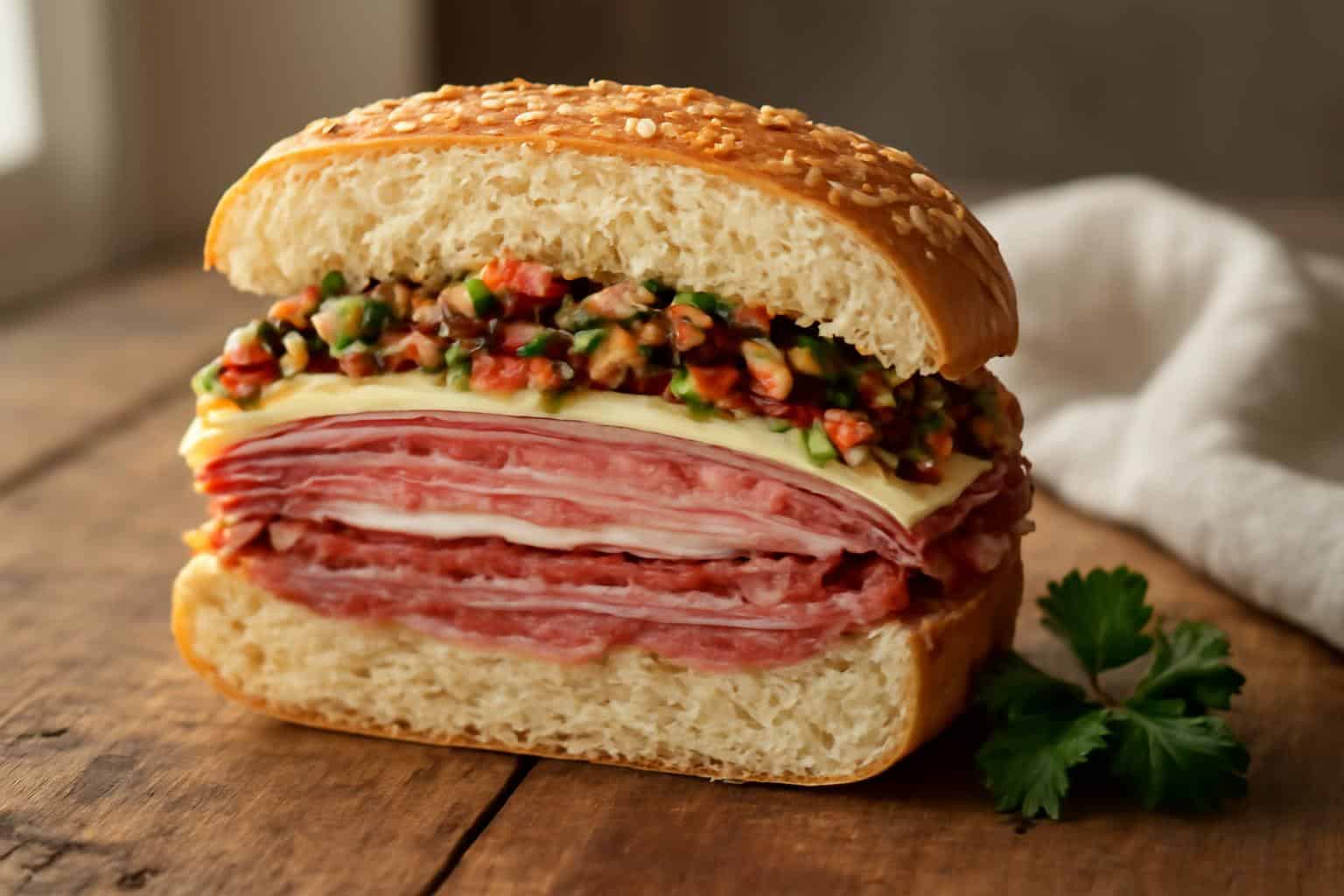 Close-up muffuletta sandwich with layers of meats and olive salad, showcasing authentic muffuletta sandwich
