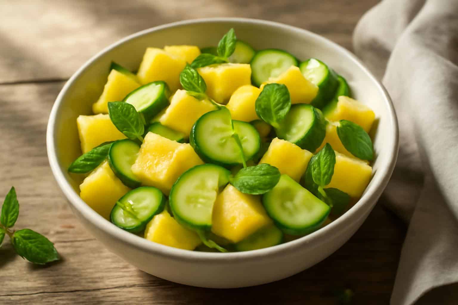 Fresh pineapple cucumber salad with mint garnish in a bowl, pineapple cucumber salad