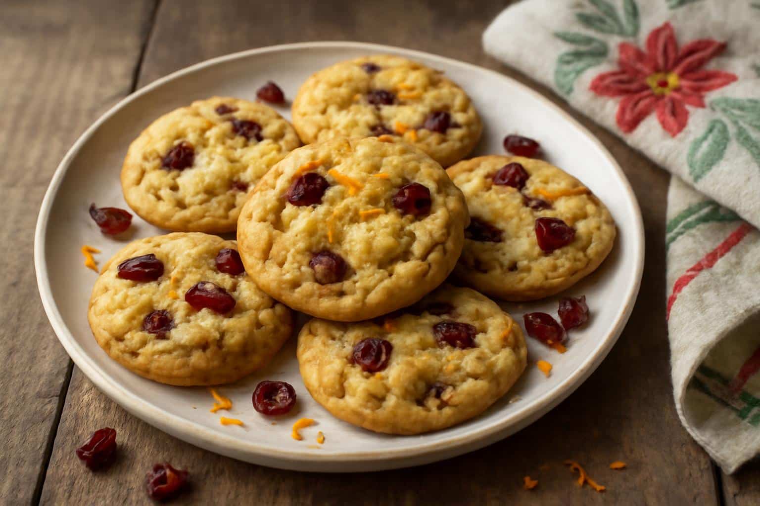 Plate of chewy cranberry orange cookies with orange zest and dried cranberries, showcasing the chewy cranberry orange co