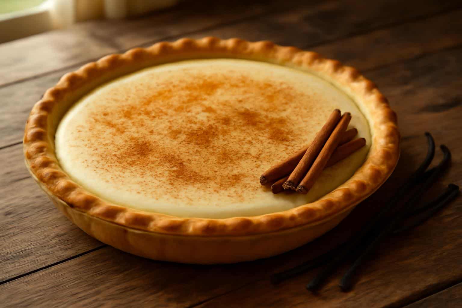 Creamy cinnamon-vanilla custard pie with golden crust and cinnamon garnish