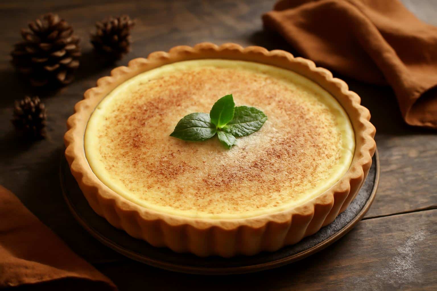 Cinnamon vanilla custard pie with creamy golden filling and cinnamon dusting, holiday dessert