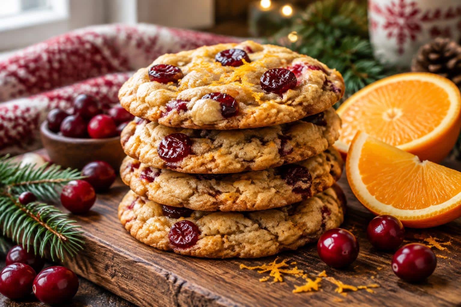 Chewy cranberry orange cookies stacked with visible cranberries and orange zest on rustic board