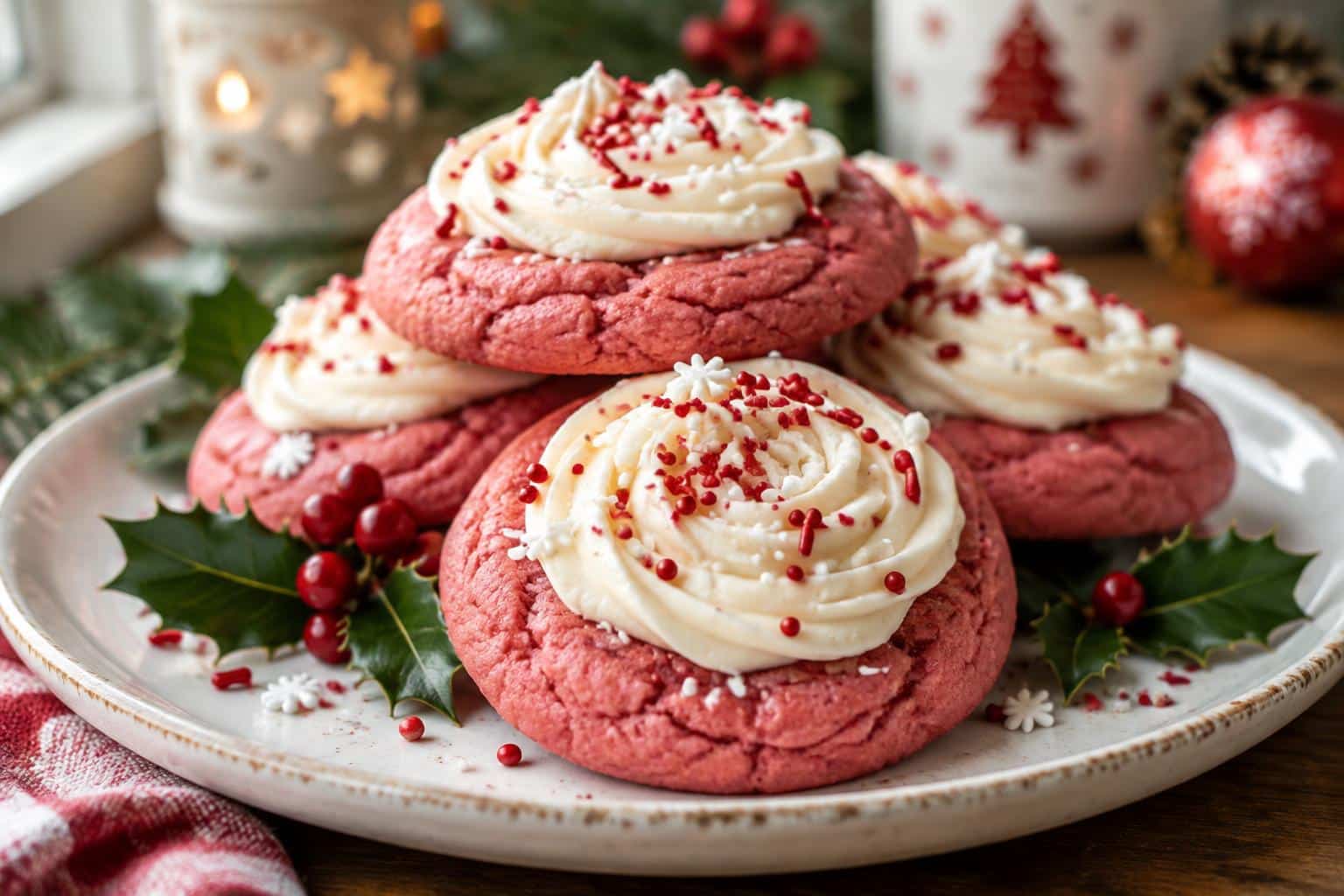 Freshly baked festive pink velvet cookies with cream cheese frosting and sprinkles on a rustic plate
