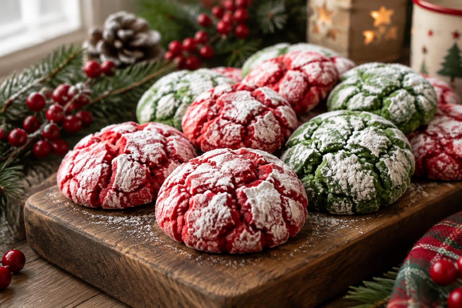 Festive red and green crinkle cookies freshly baked with powdered sugar topping, showcasing cake mix cookies