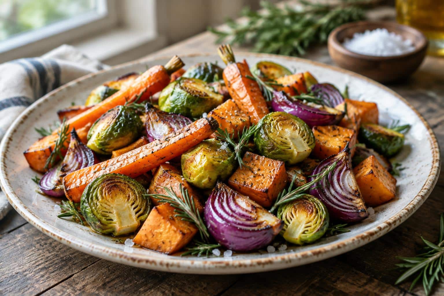 Festive roasted vegetables with carrots, Brussels sprouts, and sweet potatoes garnished with rosemary