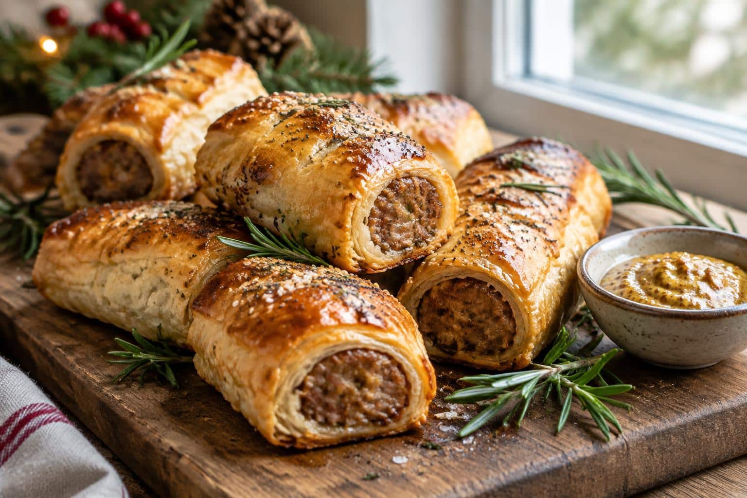 Freshly baked festive sausage rolls with golden crust and holiday garnish
