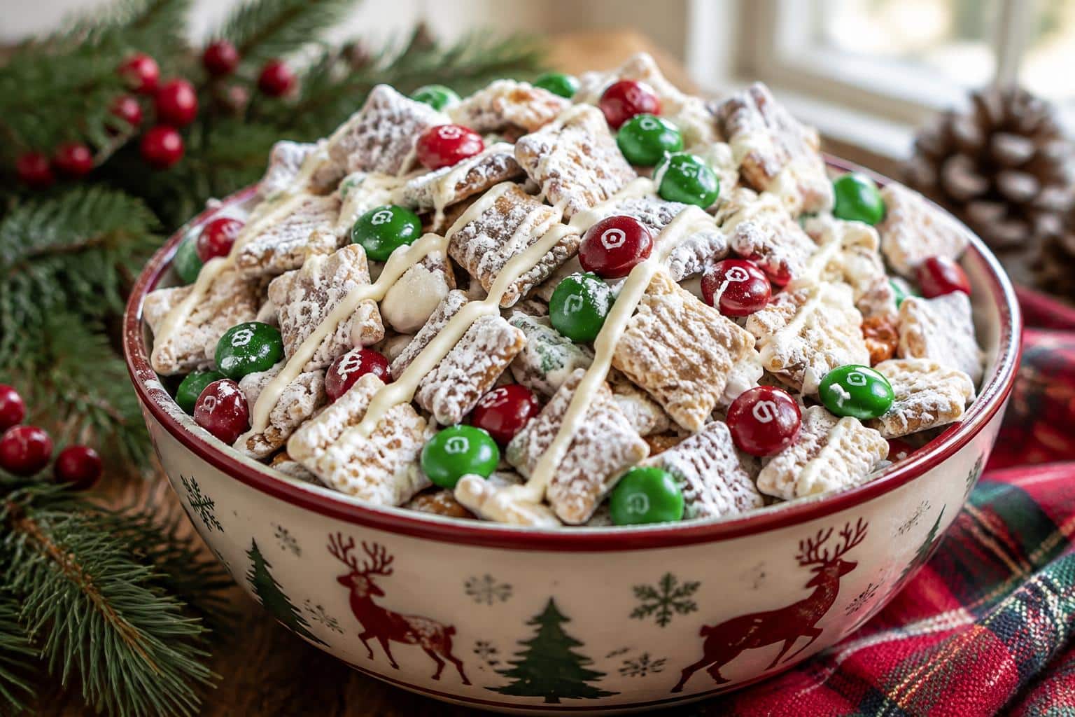 Festive white chocolate reindeer chow with candy-coated chocolates and white chocolate drizzle
