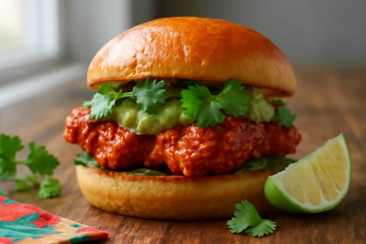 Fiery chicken avocado sandwich on fluffy brioche with fresh cilantro garnish