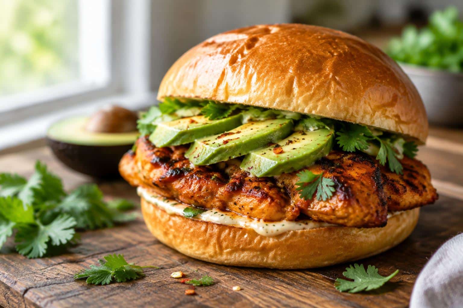 Fiery chicken avocado sandwich on fluffy brioche bun with fresh herbs