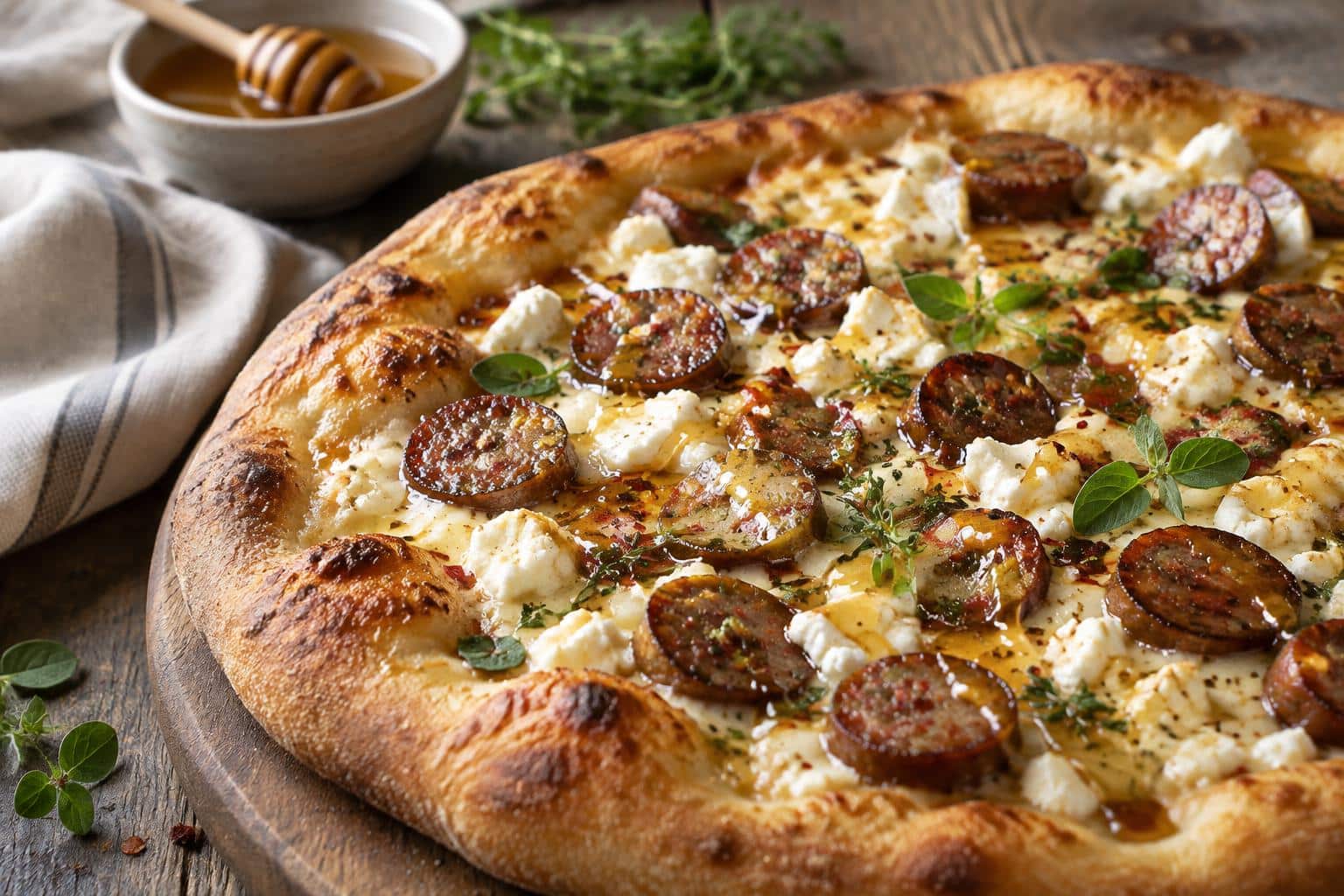 Spicy sausage feta pizza with honey drizzle on rustic wooden surface, showcasing melted cheese and herbs