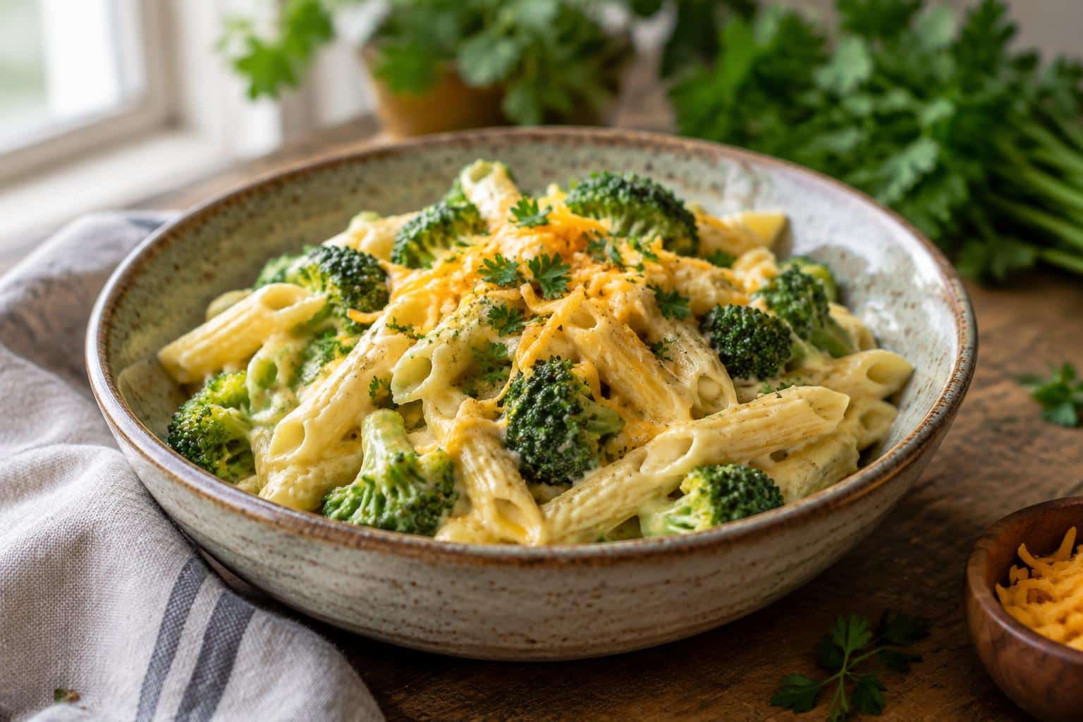 Creamy broccoli cheese pasta served in a bowl garnished with parsley and cheddar cheese