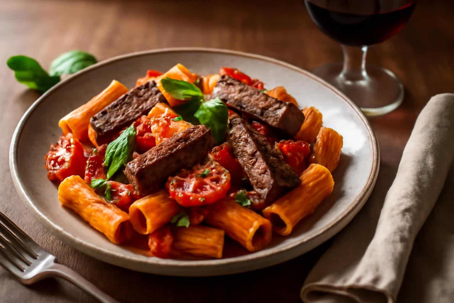 Fire-roasted tomato rigatoni with juicy steak and fresh basil garnish on rustic plate