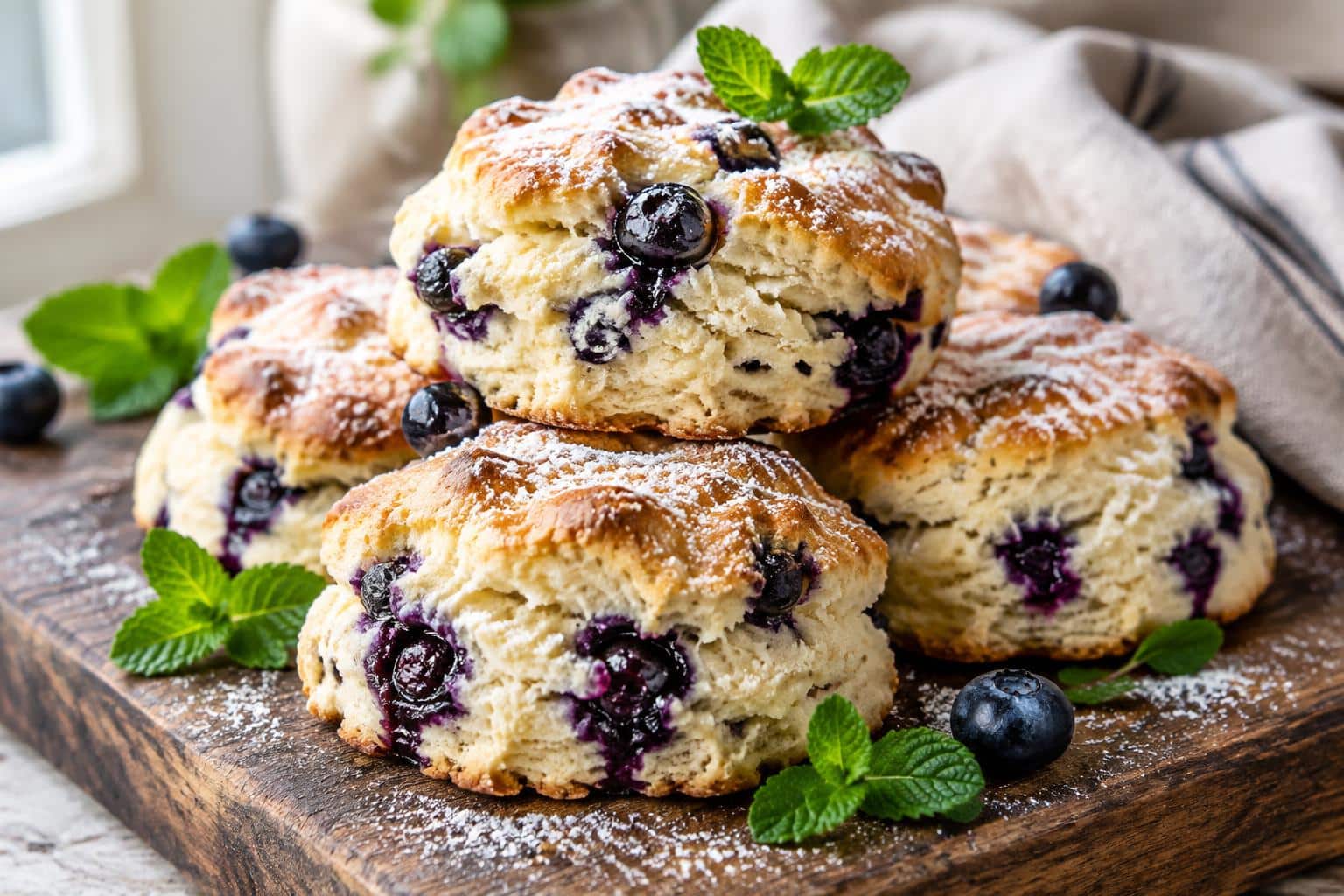 Freshly baked flaky blueberry biscuits with juicy blueberries and powdered sugar on a wooden board