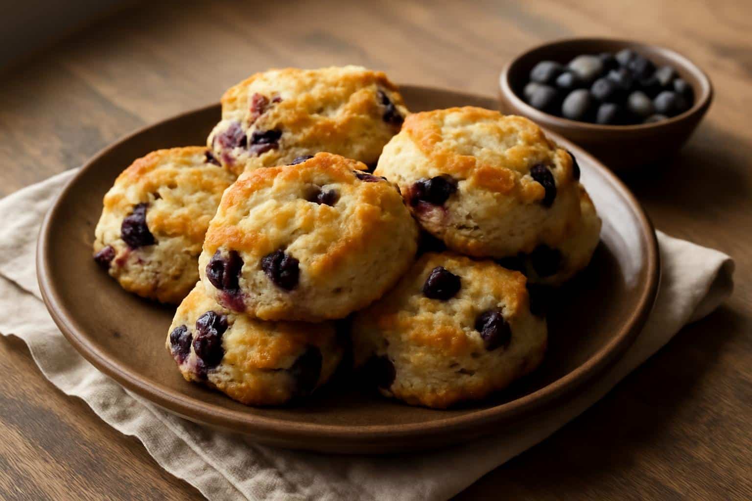 Flaky blueberry biscuits with golden crusts and fresh blueberries on a rustic plate