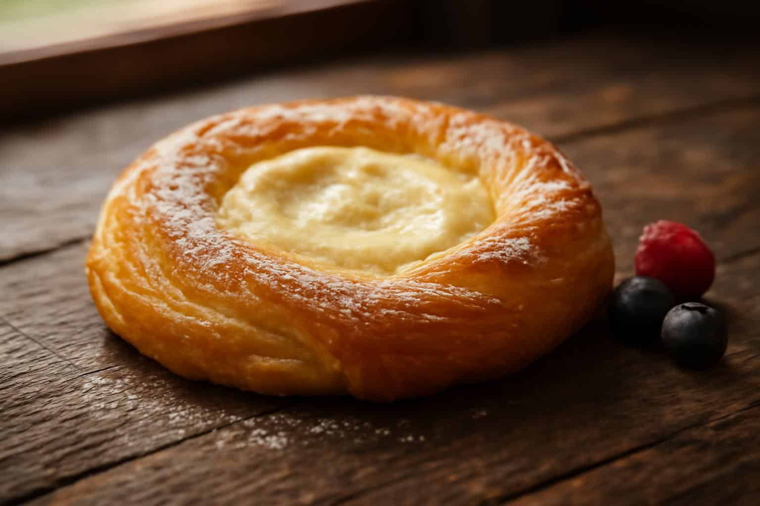 Irresistibly flaky cheese danish with golden crust and creamy cheese filling on rustic surface