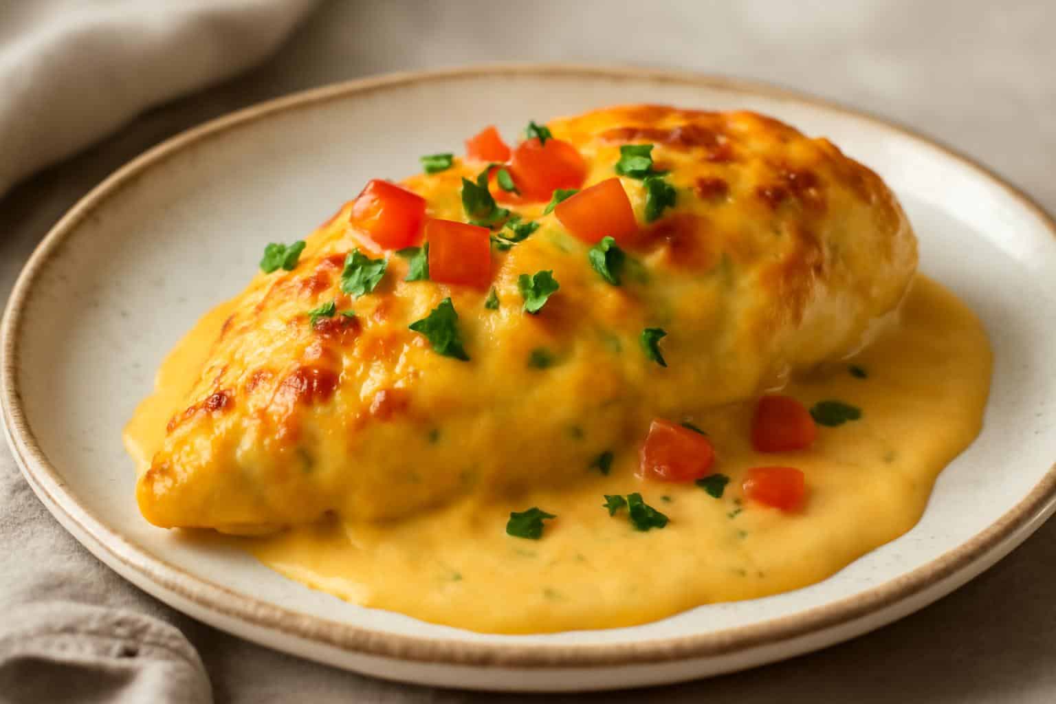 Baked queso chicken covered in melted cheese and garnished with cilantro and tomatoes