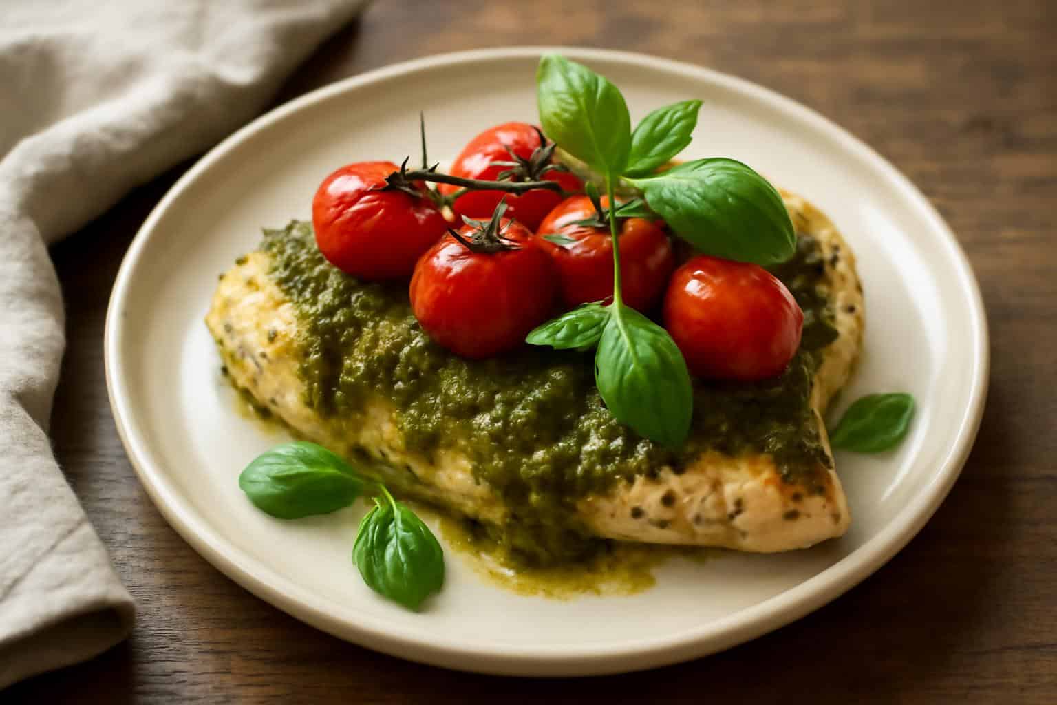 Baked pesto chicken with juicy cherry tomatoes and fresh basil garnish on a plate