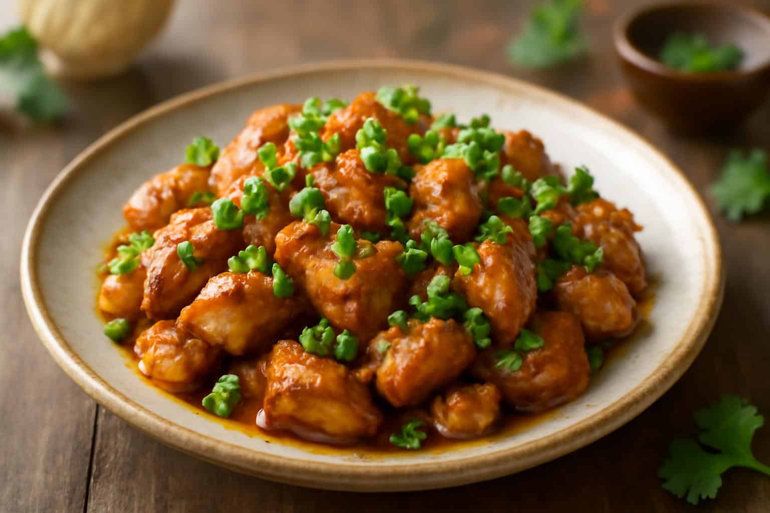 Plate of flavorful lemongrass chicken garnished with fresh herbs in natural light