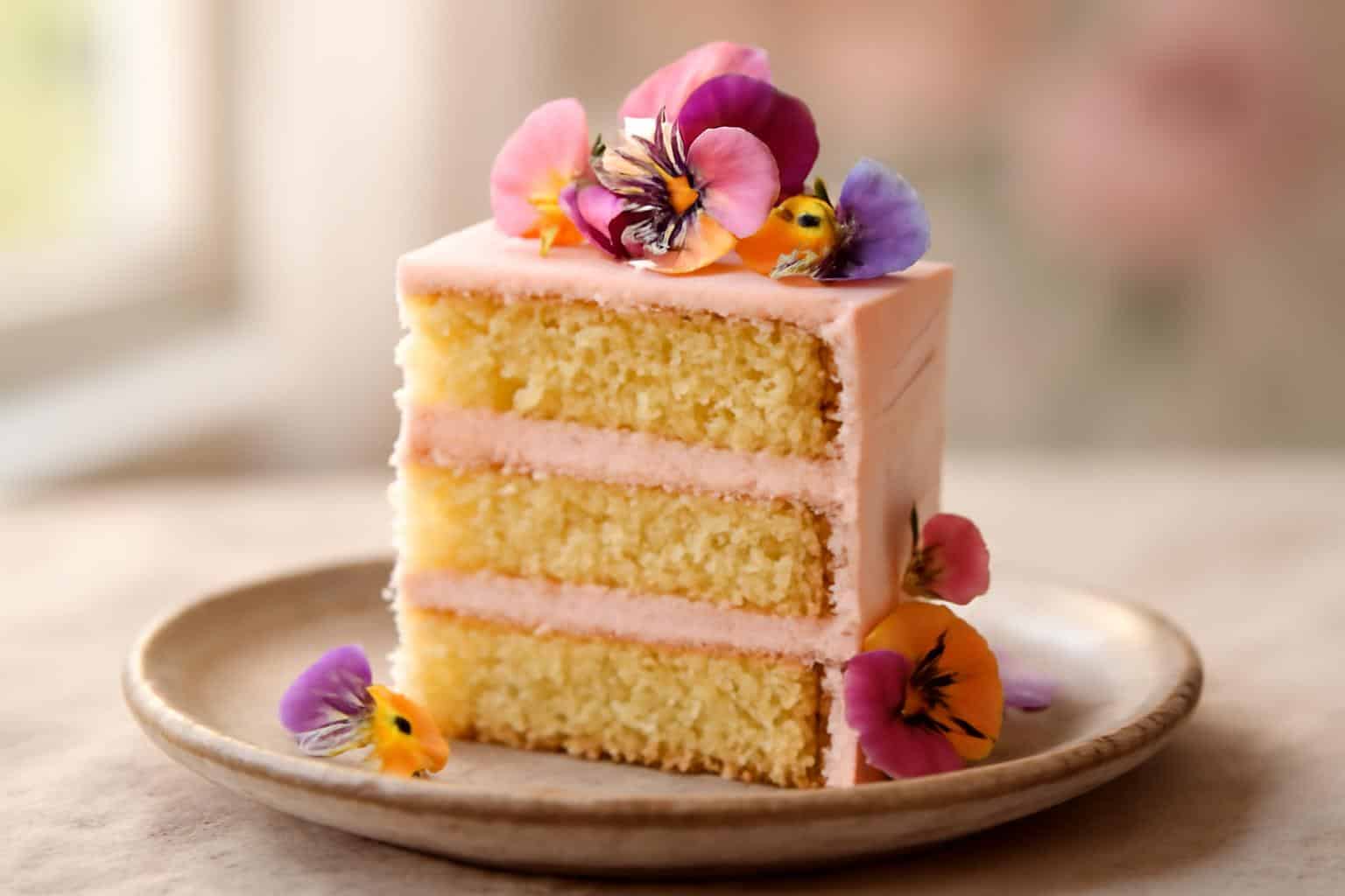 Slice of floral cake recipe with delicate edible flowers and layered texture